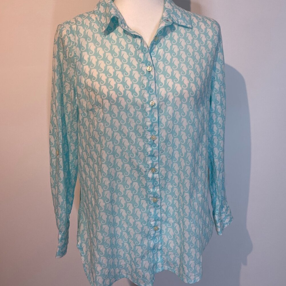 Talbots Blue Long Sleeve Button Down with Seahorses size MP